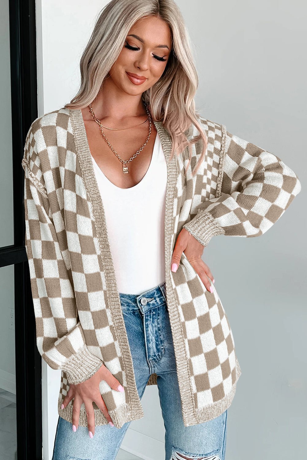 Brown Checkered Open Front Drop Shoulder Cardigan - Crowned Energy CO.