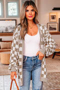 Brown Checkered Open Front Drop Shoulder Cardigan - Crowned Energy CO.