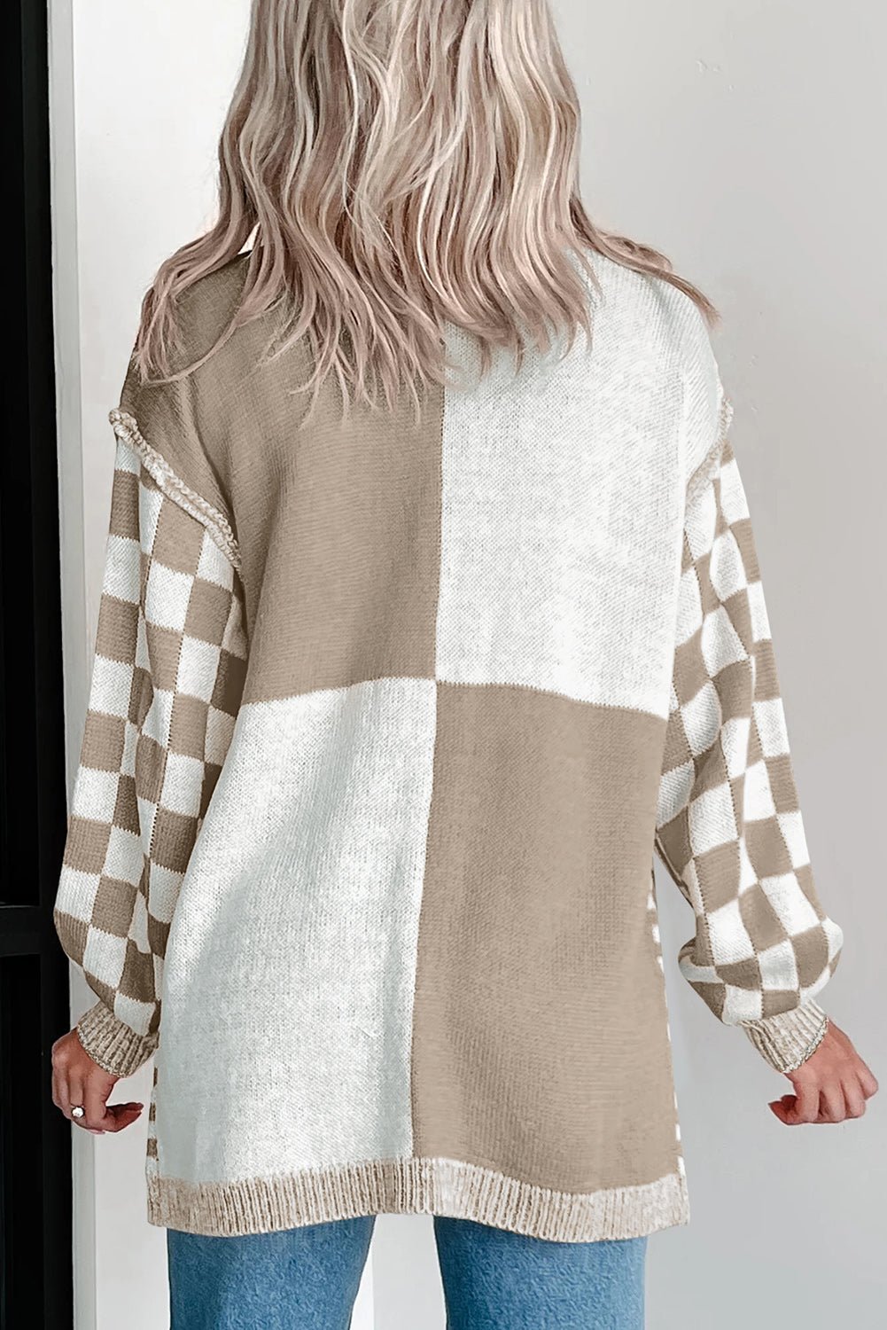 Brown Checkered Open Front Drop Shoulder Cardigan - Crowned Energy CO.