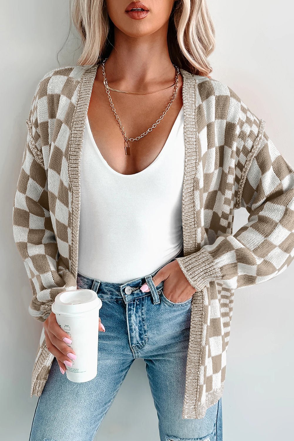 Brown Checkered Open Front Drop Shoulder Cardigan - Crowned Energy CO.