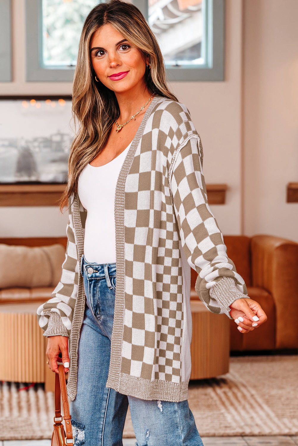 Brown Checkered Open Front Drop Shoulder Cardigan - Crowned Energy CO.