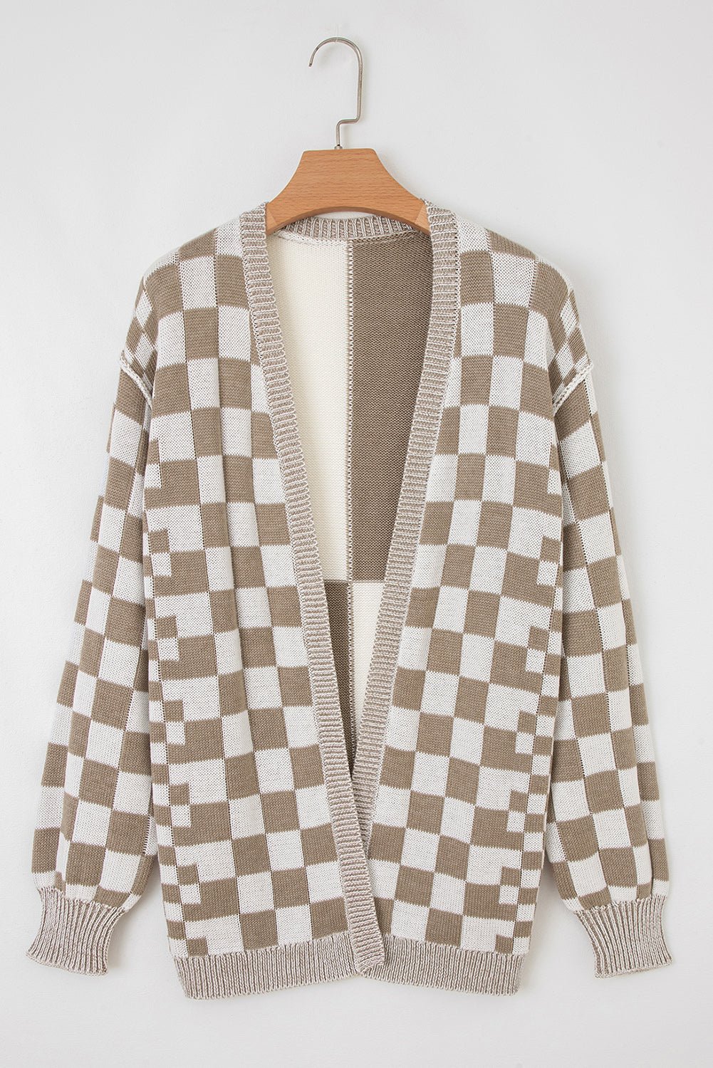 Brown Checkered Open Front Drop Shoulder Cardigan - Crowned Energy CO.