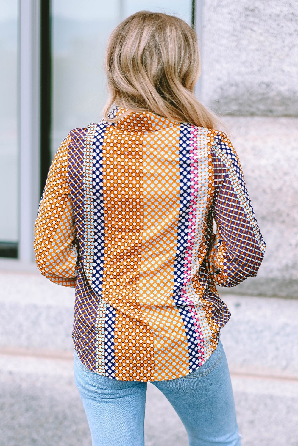 Brown Dot Print Long Sleeve Button Down Shift Shirt - Crowned Energy CO.