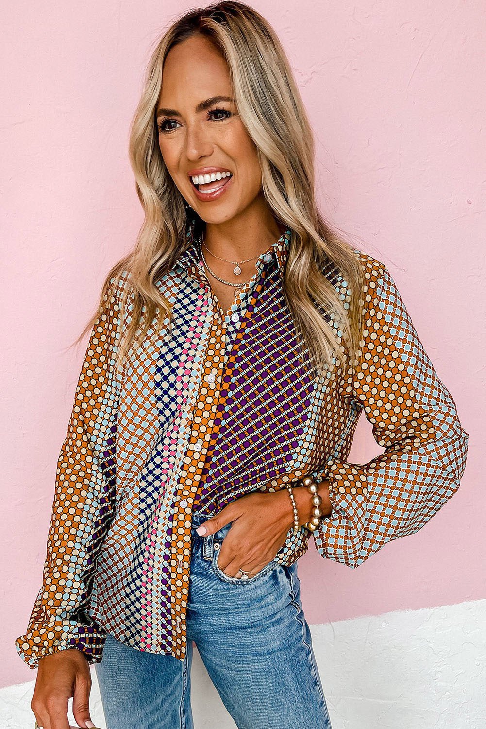 Brown Dot Print Long Sleeve Button Down Shift Shirt - Crowned Energy CO.