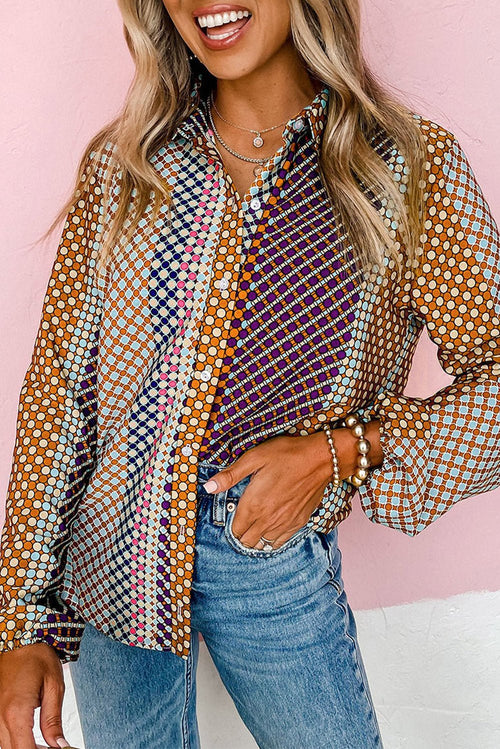 Brown Dot Print Long Sleeve Button Down Shift Shirt - Crowned Energy CO.