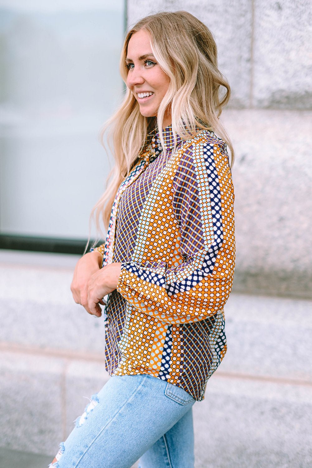 Brown Dot Print Long Sleeve Button Down Shift Shirt - Crowned Energy CO.