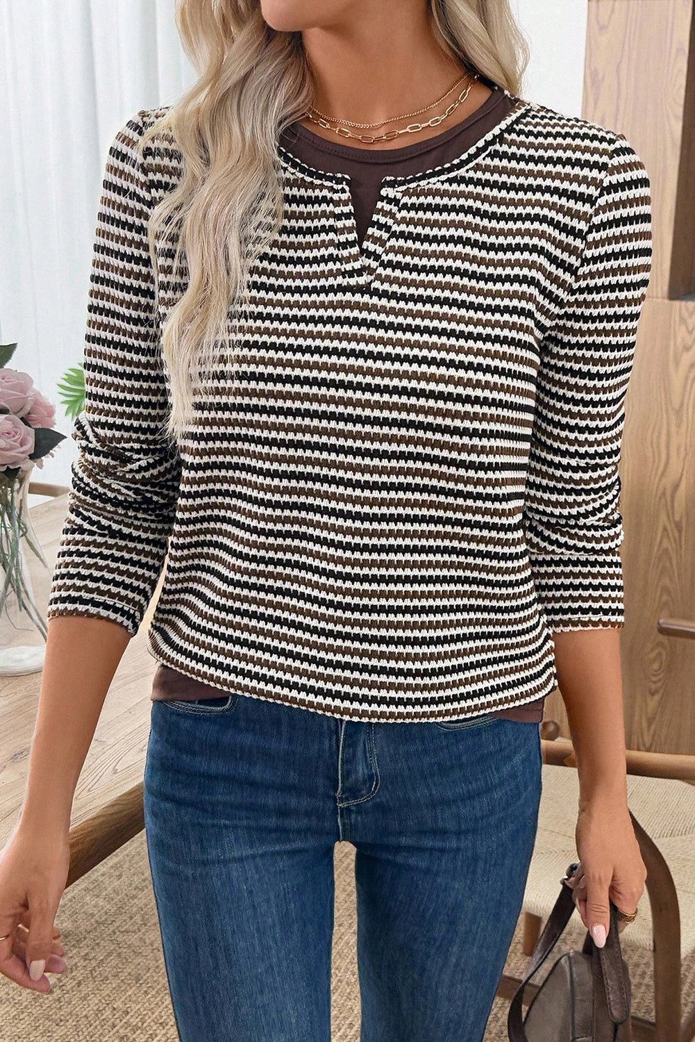 Brown Faux Two Piece Textured Striped Round Neck Long Sleeve T Shirt - Crowned Energy CO.