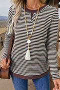 Brown Faux Two Piece Textured Striped Round Neck Long Sleeve T Shirt - Crowned Energy CO.