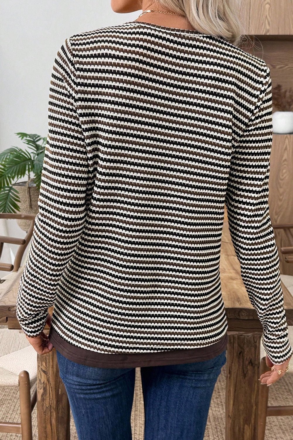 Brown Faux Two Piece Textured Striped Round Neck Long Sleeve T Shirt - Crowned Energy CO.