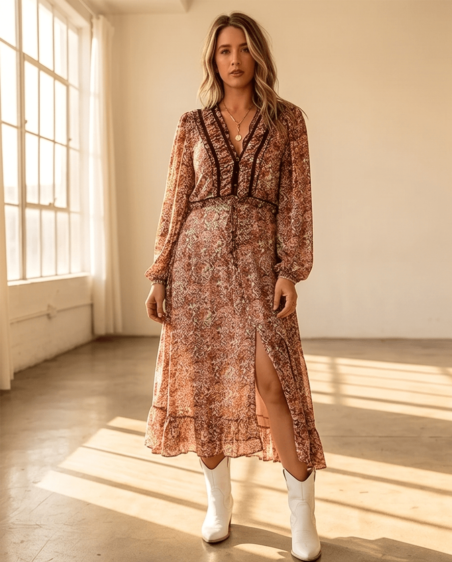 Brown Floral Midi Dress With Floral Print And Ruffle Tiers - Crowned Energy CO.