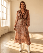 Brown Floral Midi Dress With Floral Print And Ruffle Tiers - Crowned Energy CO.