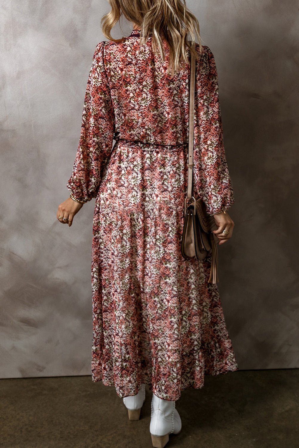 Crowned Energy CO. Brown / S / 100%Polyester Dear-Lover Dropshipping Dresses/Floral Dresses Brown Floral Print Split Front Tiered Frilled V Neck Midi Dress