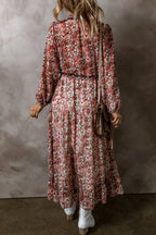 Crowned Energy CO. Brown / S / 100%Polyester Dear-Lover Dropshipping Dresses/Floral Dresses Brown Floral Print Split Front Tiered Frilled V Neck Midi Dress