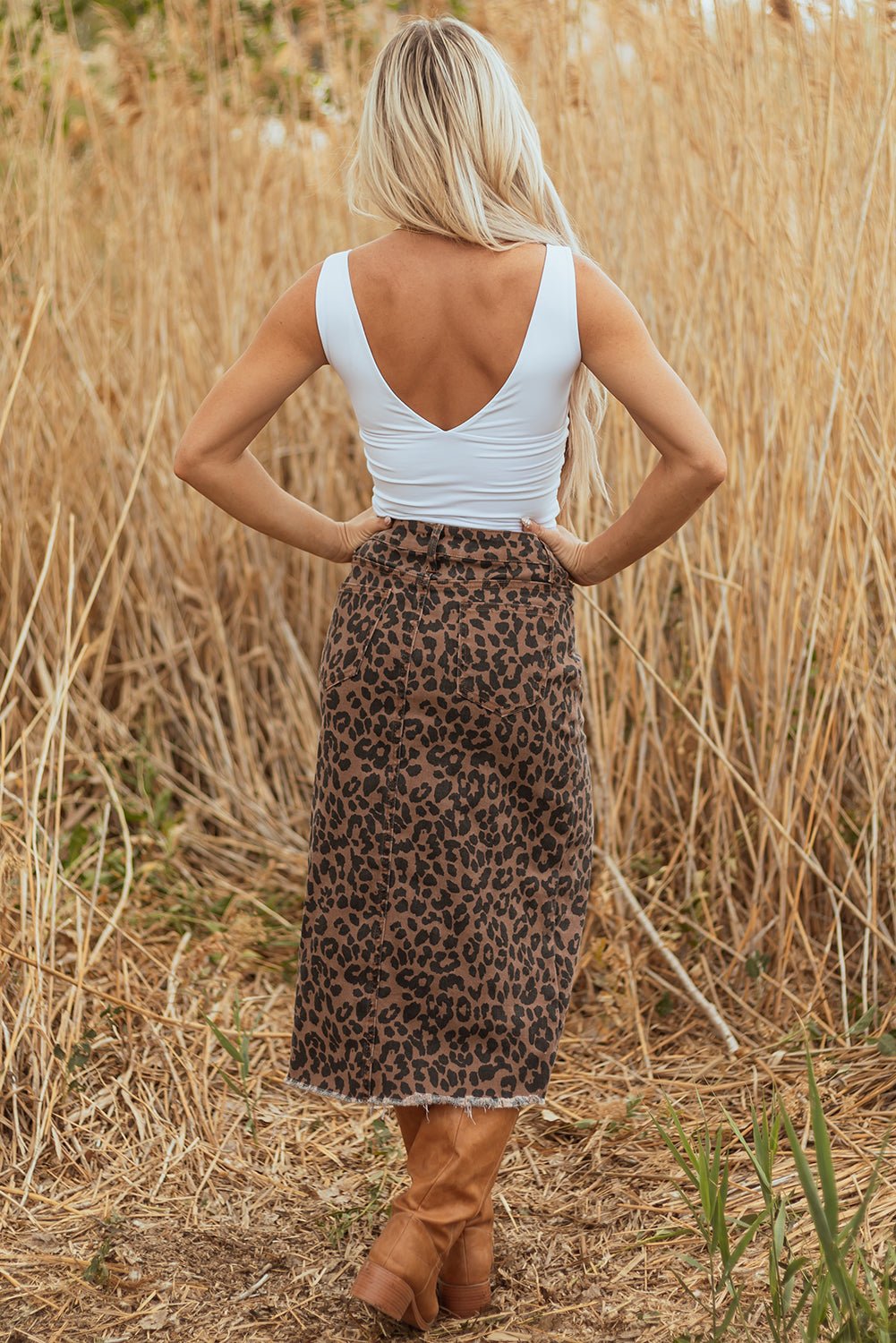 Brown Leopard Denim Frayed Split Denim Midi Skirt - Crowned Energy CO.