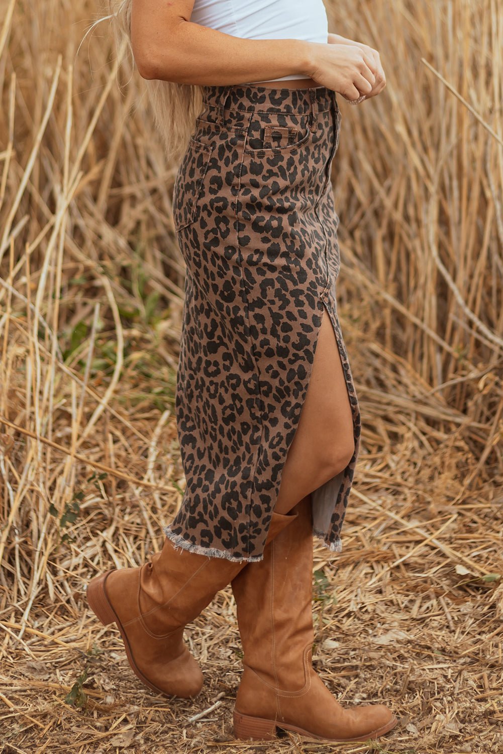Brown Leopard Denim Frayed Split Denim Midi Skirt - Crowned Energy CO.