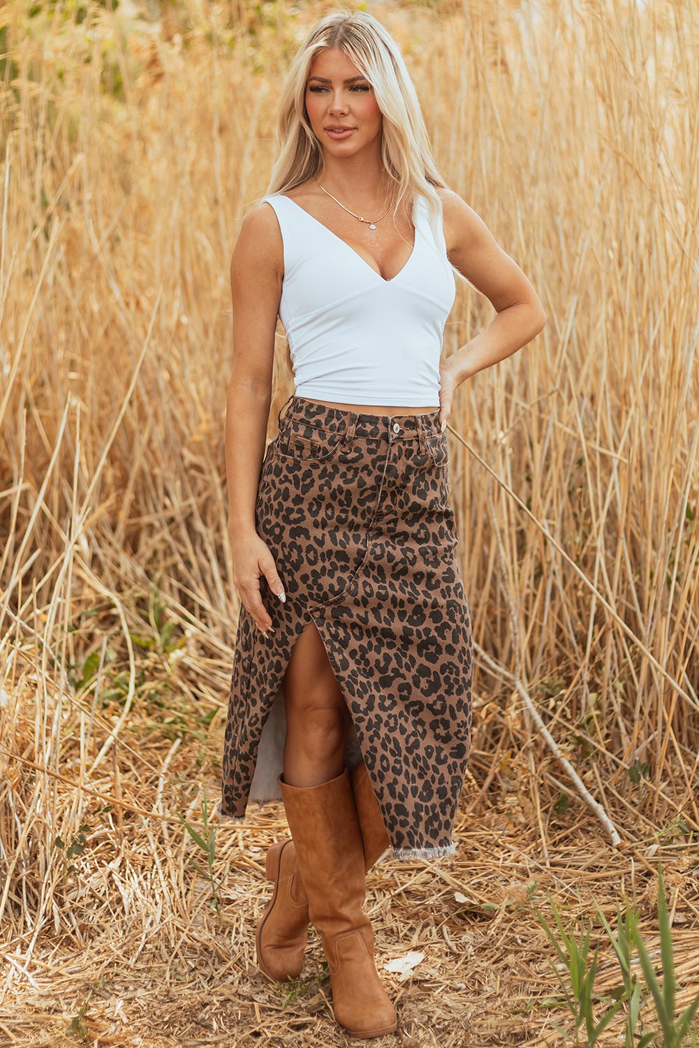 Brown Leopard Denim Frayed Split Denim Midi Skirt - Crowned Energy CO.
