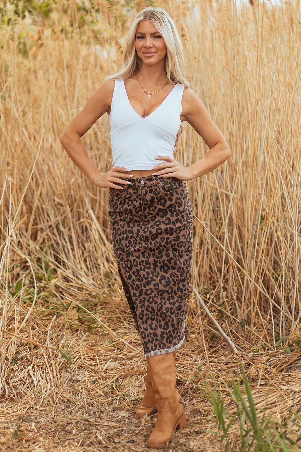 Brown Leopard Denim Frayed Split Denim Midi Skirt - Crowned Energy CO.