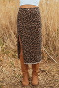 Brown Leopard Denim Frayed Split Denim Midi Skirt - Crowned Energy CO.