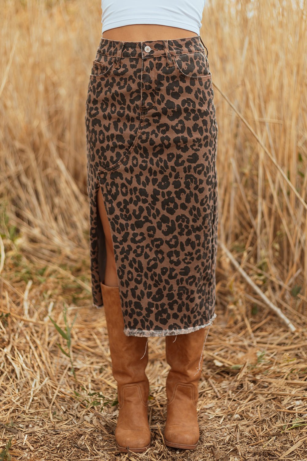 Brown Leopard Denim Frayed Split Denim Midi Skirt - Crowned Energy CO.