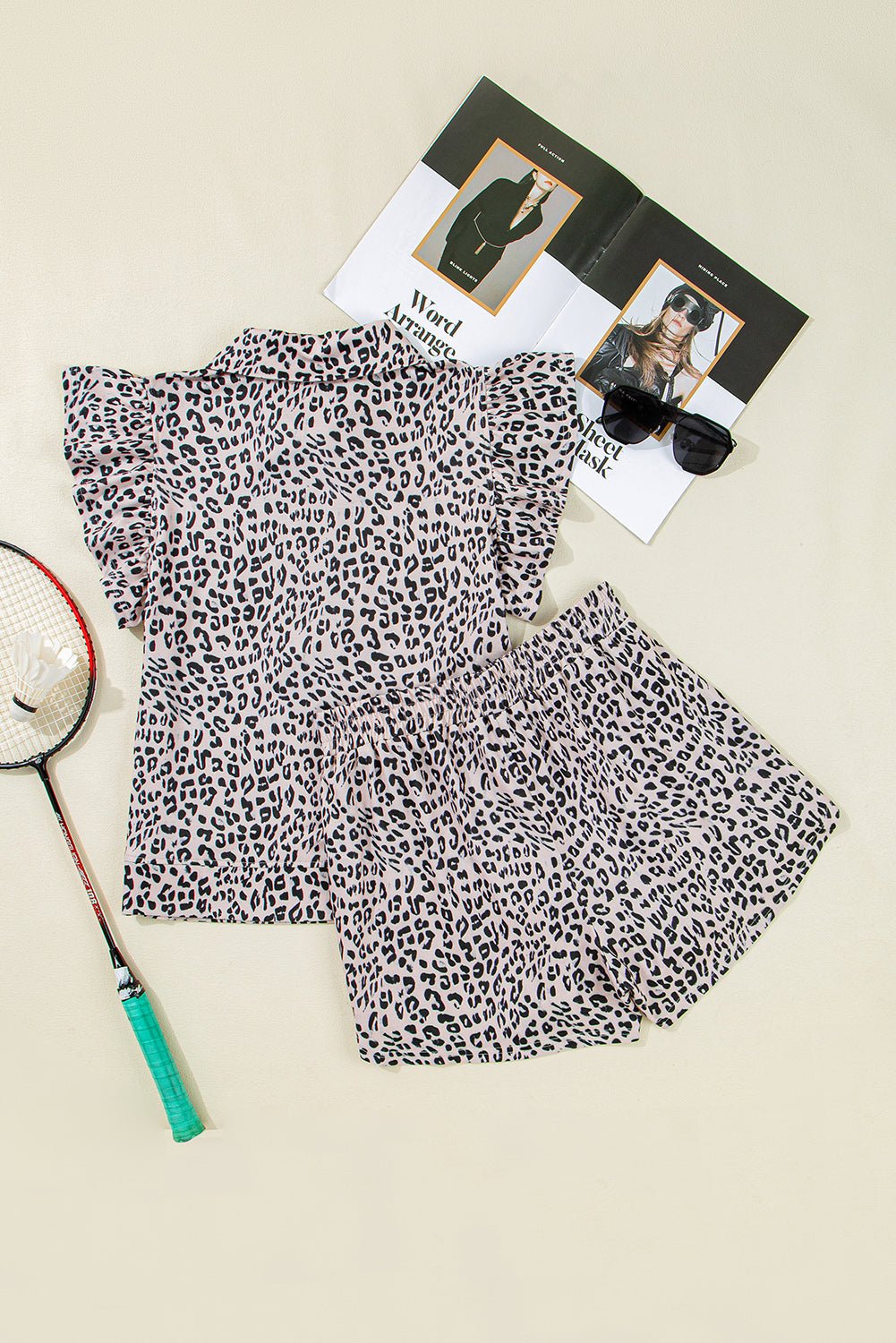 Brown Leopard Half Zipper Collared Ruffled Sleeve Top and Short Set - Crowned Energy CO.