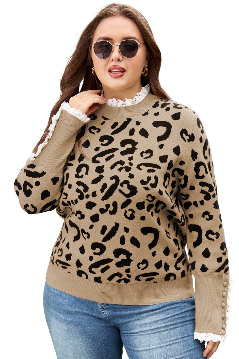 Crowned Energy CO. Brown / 1X / 50%Acrylic+27%Polyester+23%Polyamide Dear-Lover Dropshipping Plus Size/Plus Size Sweaters & Cardigans Brown Leopard Knitted Lacy Trim Cuffed Plus Size Sweater