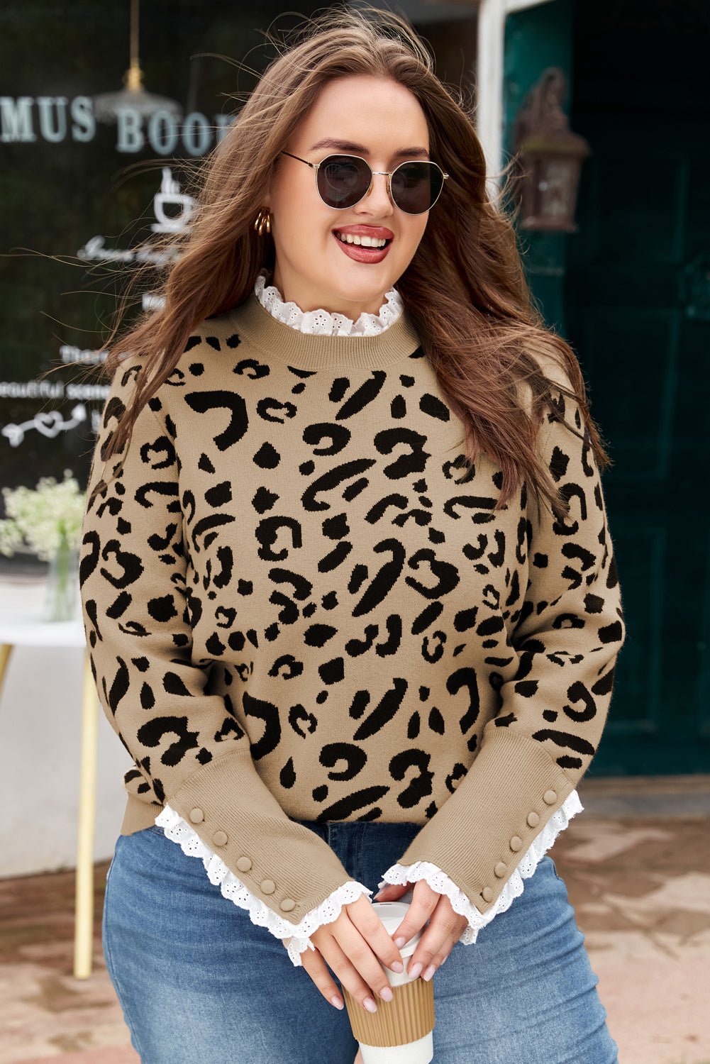 Crowned Energy CO. Brown / 1X / 50%Acrylic+27%Polyester+23%Polyamide Dear-Lover Dropshipping Plus Size/Plus Size Sweaters & Cardigans Brown Leopard Knitted Lacy Trim Cuffed Plus Size Sweater