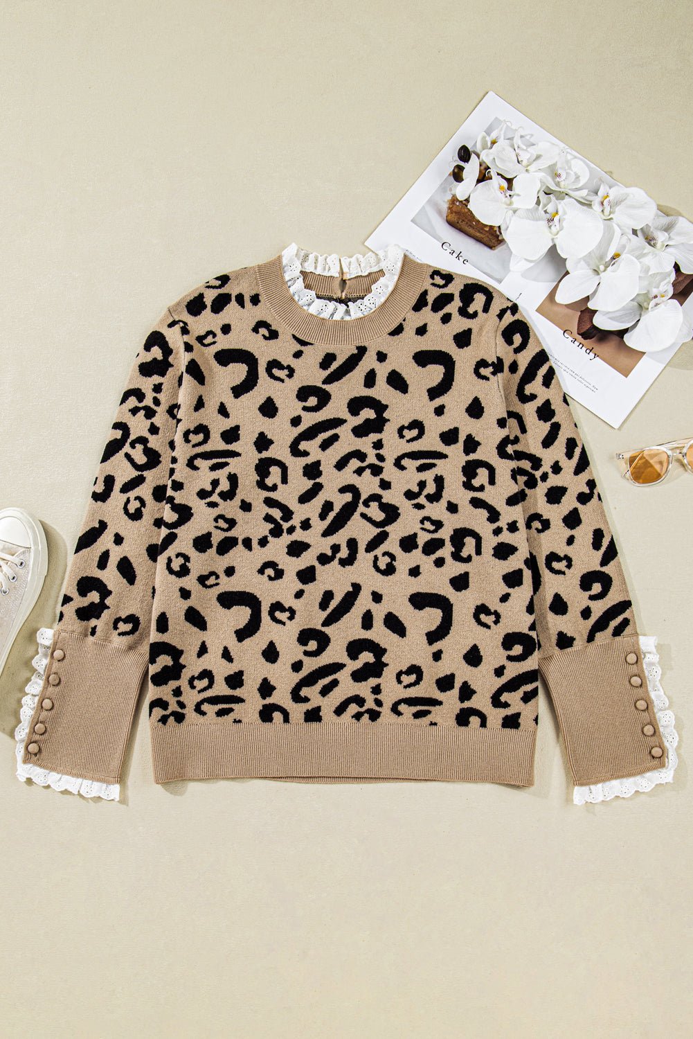 Crowned Energy CO. Brown / 1X / 50%Acrylic+27%Polyester+23%Polyamide Dear-Lover Dropshipping Plus Size/Plus Size Sweaters & Cardigans Brown Leopard Knitted Lacy Trim Cuffed Plus Size Sweater