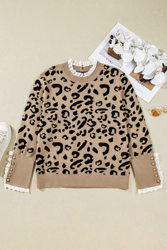 Crowned Energy CO. Brown / 1X / 50%Acrylic+27%Polyester+23%Polyamide Dear-Lover Dropshipping Plus Size/Plus Size Sweaters & Cardigans Brown Leopard Knitted Lacy Trim Cuffed Plus Size Sweater