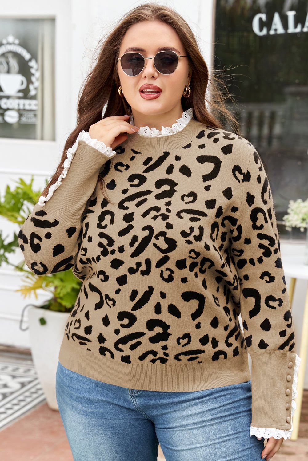 Crowned Energy CO. Brown / 1X / 50%Acrylic+27%Polyester+23%Polyamide Dear-Lover Dropshipping Plus Size/Plus Size Sweaters & Cardigans Brown Leopard Knitted Lacy Trim Cuffed Plus Size Sweater
