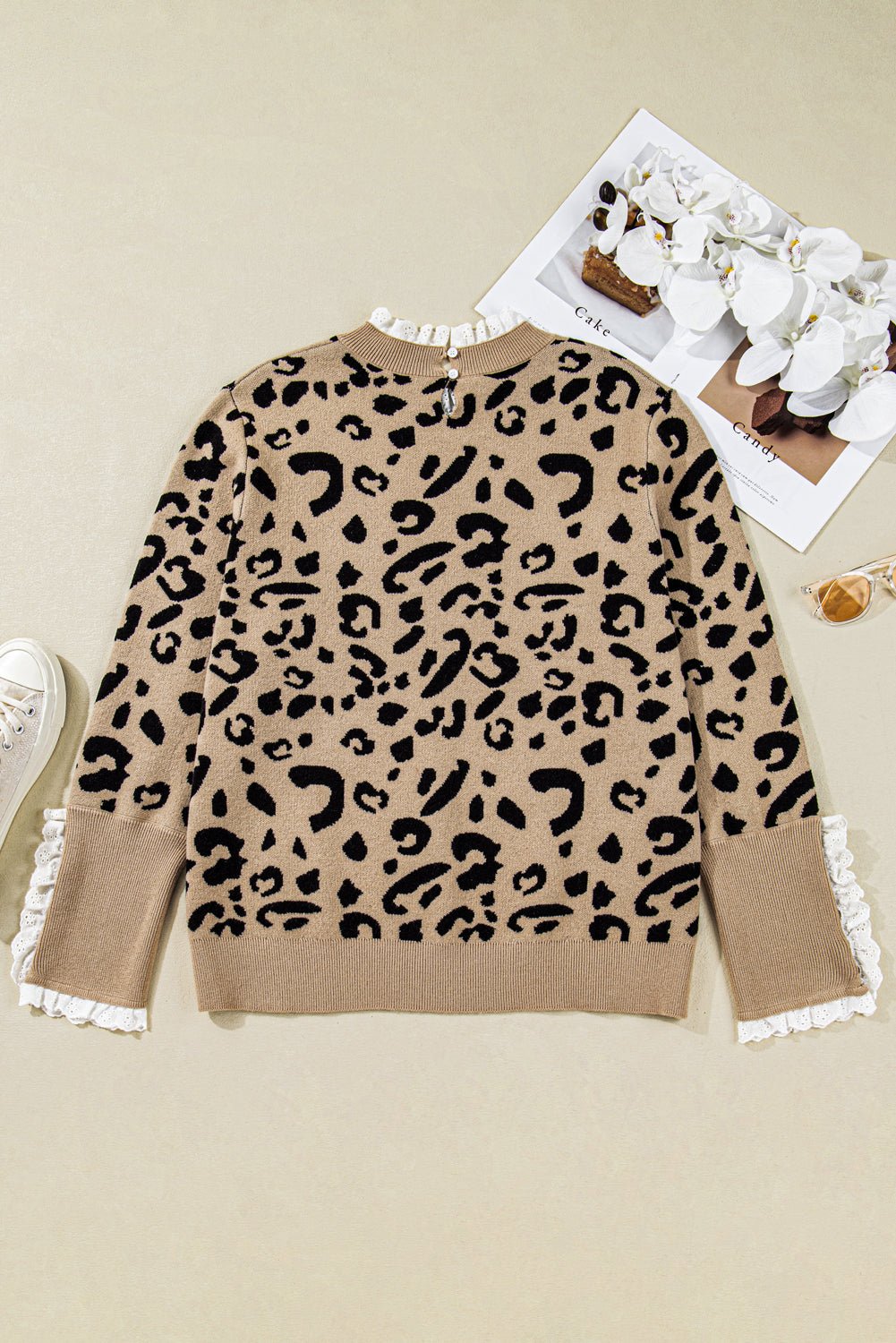 Crowned Energy CO. Brown / 1X / 50%Acrylic+27%Polyester+23%Polyamide Dear-Lover Dropshipping Plus Size/Plus Size Sweaters & Cardigans Brown Leopard Knitted Lacy Trim Cuffed Plus Size Sweater