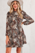 Brown Leopard Ruffled Detail Long Sleeve Loose Mini Dress - Crowned Energy CO.