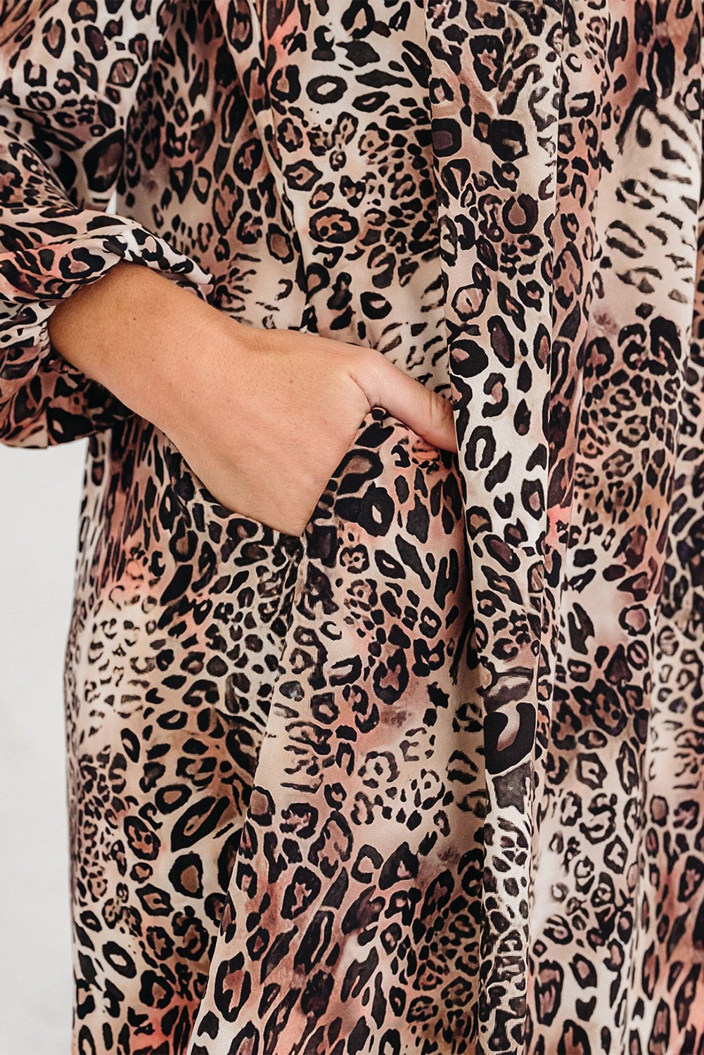 Brown Leopard Ruffled Detail Long Sleeve Loose Mini Dress - Crowned Energy CO.