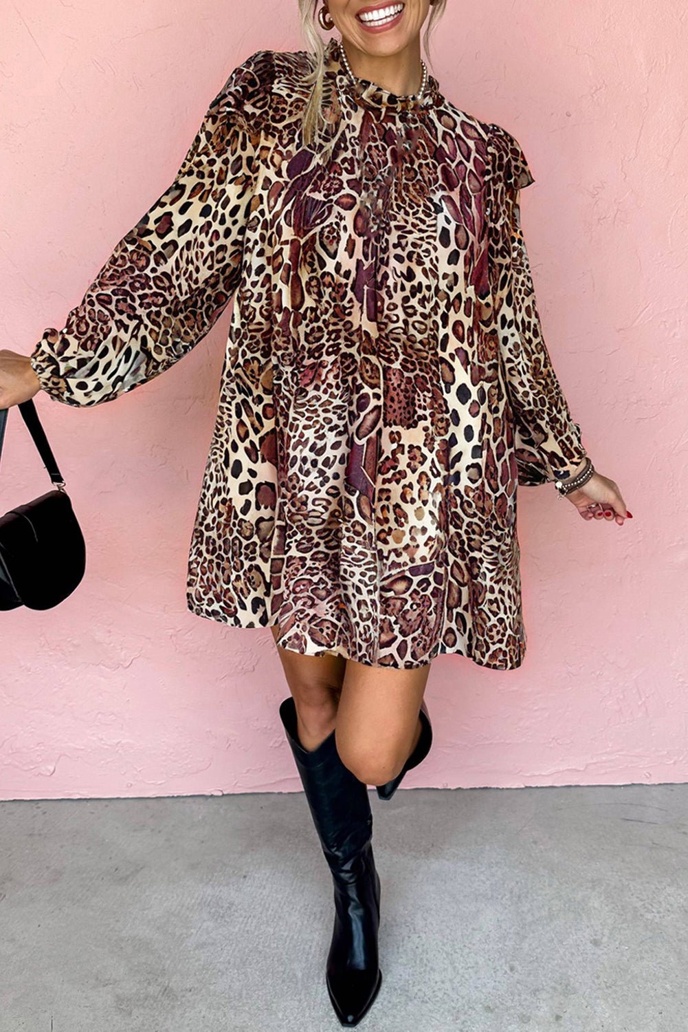 Brown Leopard Ruffled Detail Long Sleeve Loose Mini Dress - Crowned Energy CO.
