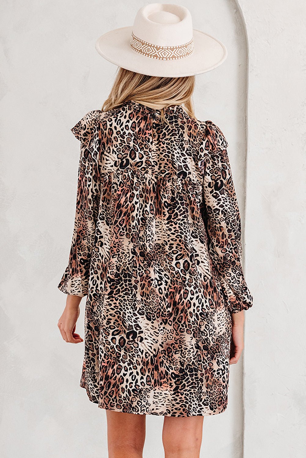 Brown Leopard Ruffled Detail Long Sleeve Loose Mini Dress - Crowned Energy CO.