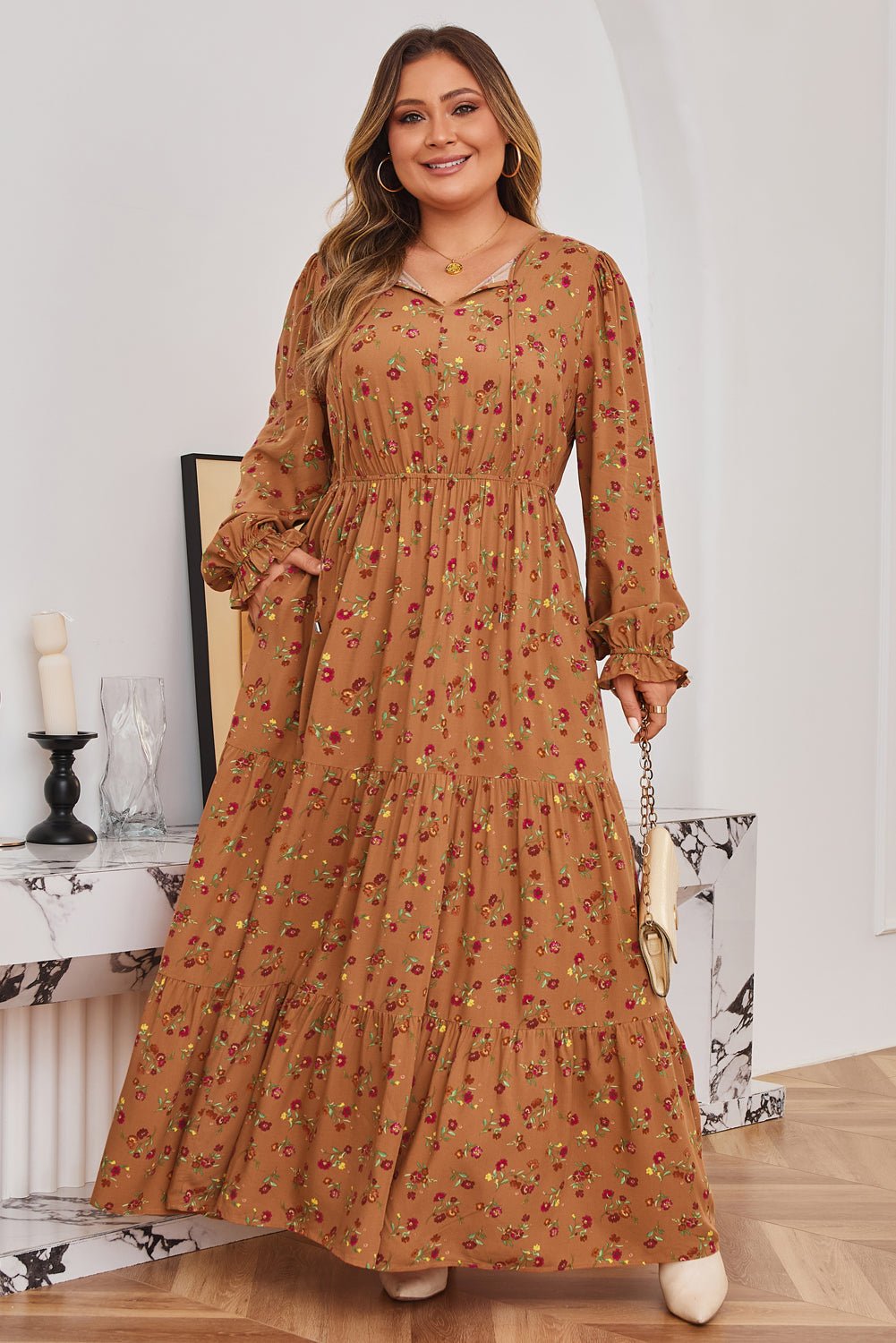 Brown Plus Size Floral Split V Neck Ruffled Sleeve Tiered Maxi Dress - Crowned Energy CO.