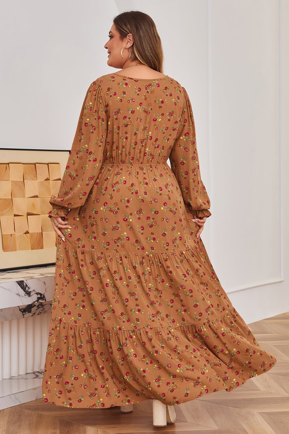 Brown Plus Size Floral Split V Neck Ruffled Sleeve Tiered Maxi Dress - Crowned Energy CO.