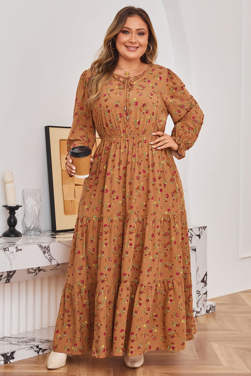 Brown Plus Size Floral Split V Neck Ruffled Sleeve Tiered Maxi Dress - Crowned Energy CO.