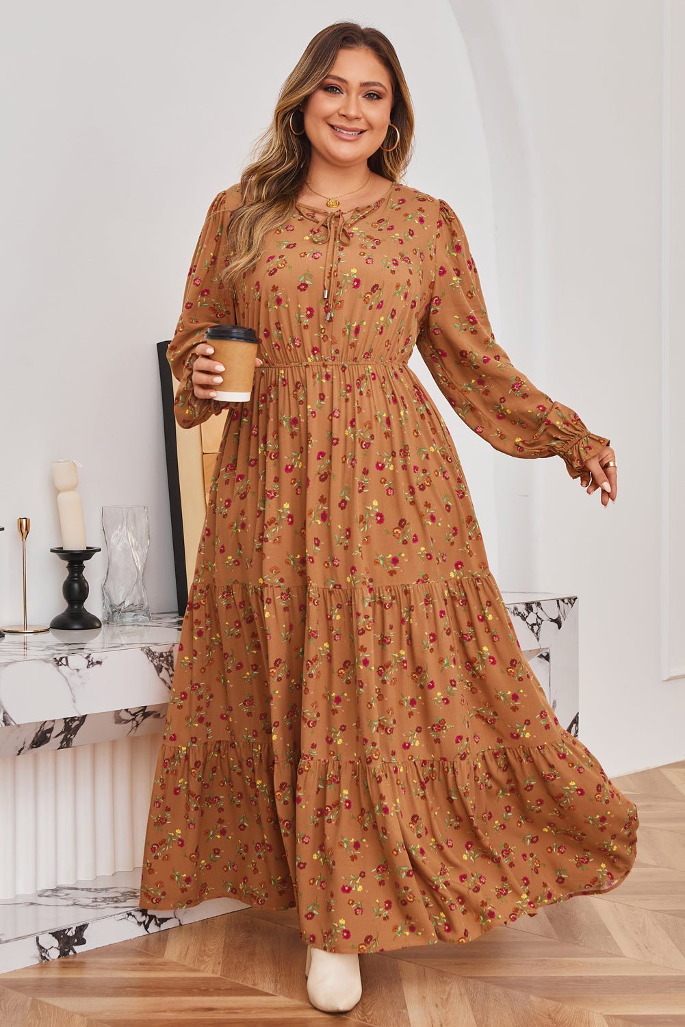 Brown Plus Size Floral Split V Neck Ruffled Sleeve Tiered Maxi Dress - Crowned Energy CO.
