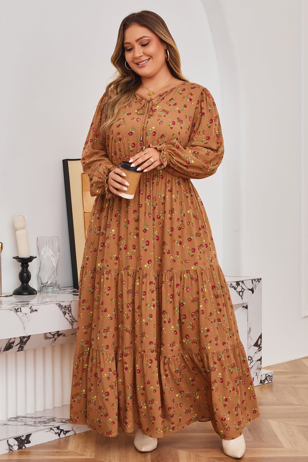 Brown Plus Size Floral Split V Neck Ruffled Sleeve Tiered Maxi Dress - Crowned Energy CO.
