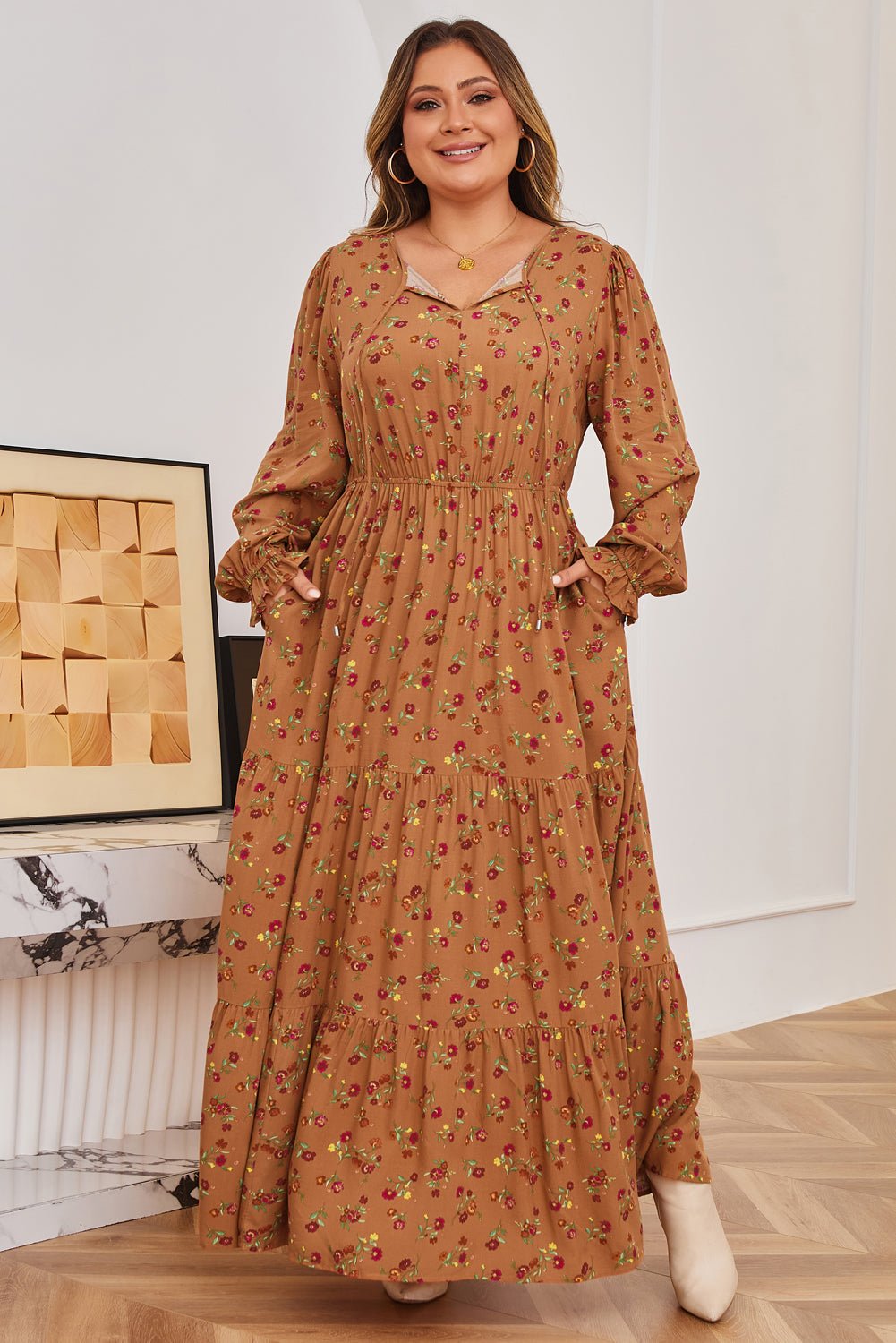 Brown Plus Size Floral Split V Neck Ruffled Sleeve Tiered Maxi Dress - Crowned Energy CO.