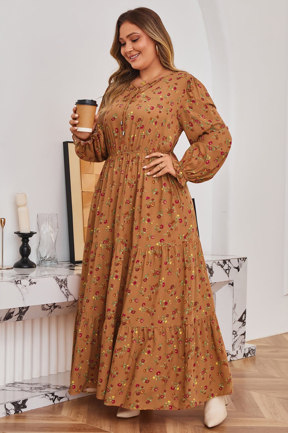 Brown Plus Size Floral Split V Neck Ruffled Sleeve Tiered Maxi Dress - Crowned Energy CO.