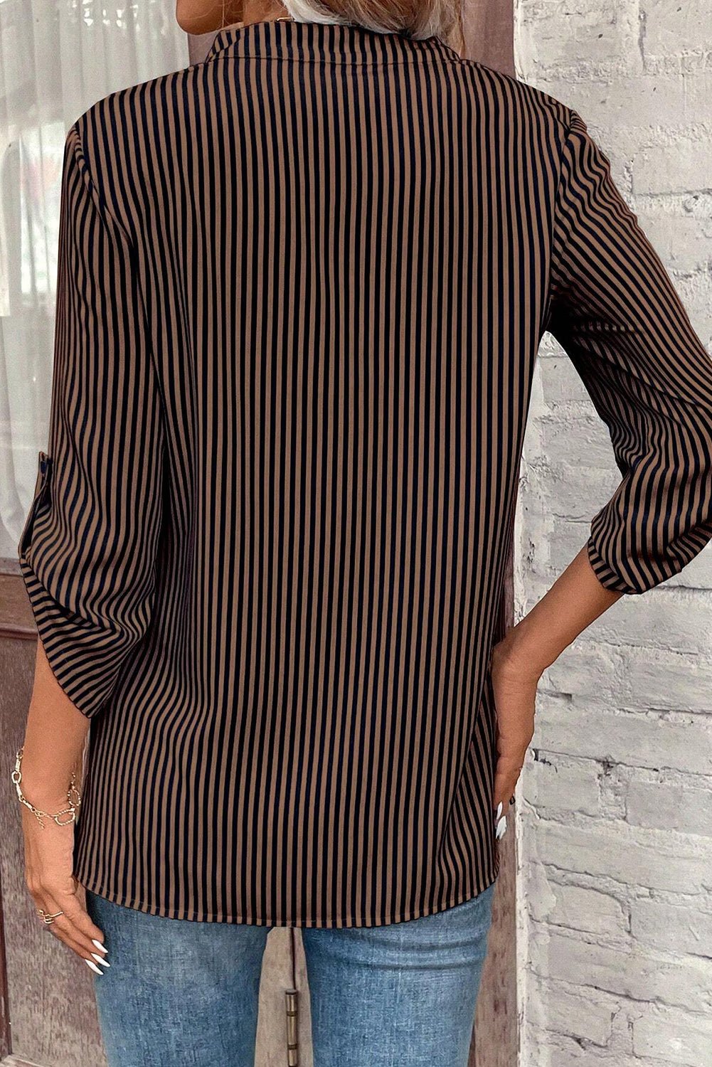 Crowned Energy CO. Brown Stripe / S / 59%Polyester+41%Cotton Dear-Lover Dropshipping Tops/Blouses & Shirts Brown Stripe V Neck Roll Up Sleeve Pocket Patched Classic Shirt