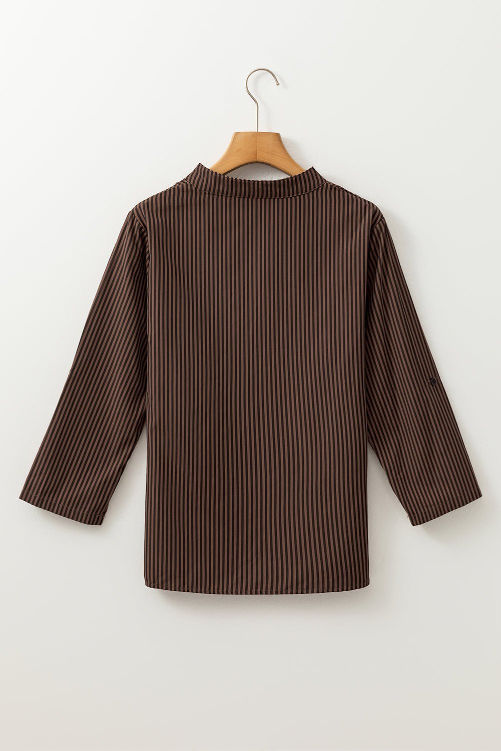 Crowned Energy CO. Brown Stripe / S / 59%Polyester+41%Cotton Dear-Lover Dropshipping Tops/Blouses & Shirts Brown Stripe V Neck Roll Up Sleeve Pocket Patched Classic Shirt
