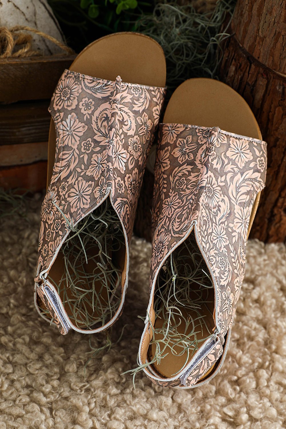 Brown Vintage Floral Leather Rivet Hollowed Platform Sandals - Crowned Energy CO.