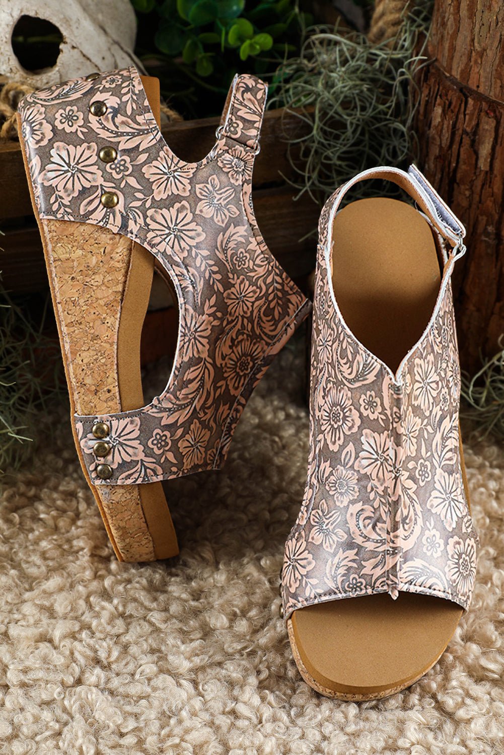 Brown Vintage Floral Leather Rivet Hollowed Platform Sandals - Crowned Energy CO.
