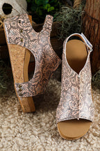 Brown Vintage Floral Leather Rivet Hollowed Platform Sandals - Crowned Energy CO.