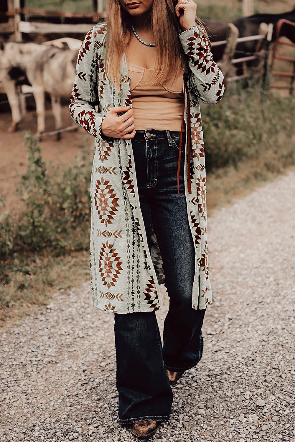 Brown Western Aztec Printed Open Front Long Cardigan - Crowned Energy CO.