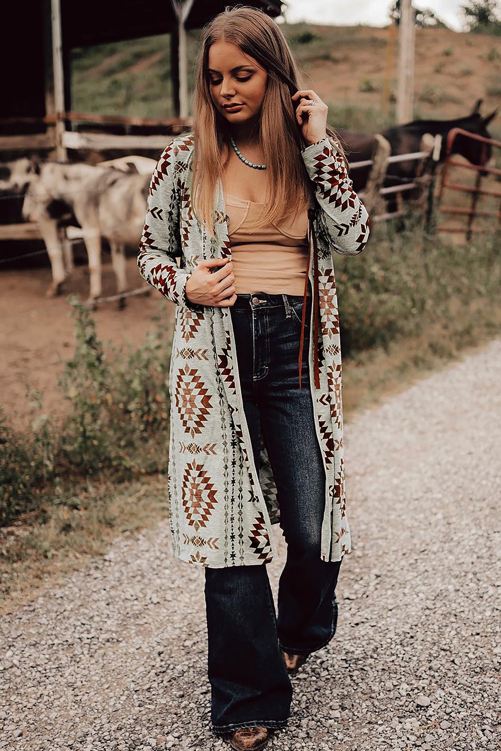 Brown Western Aztec Printed Open Front Long Cardigan - Crowned Energy CO.