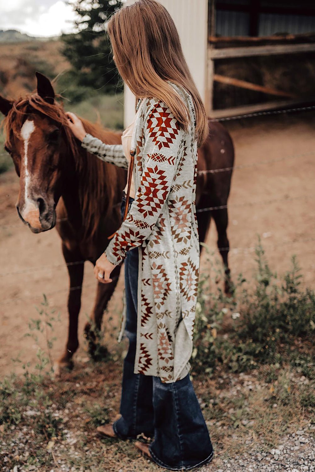 Brown Western Aztec Printed Open Front Long Cardigan - Crowned Energy CO.