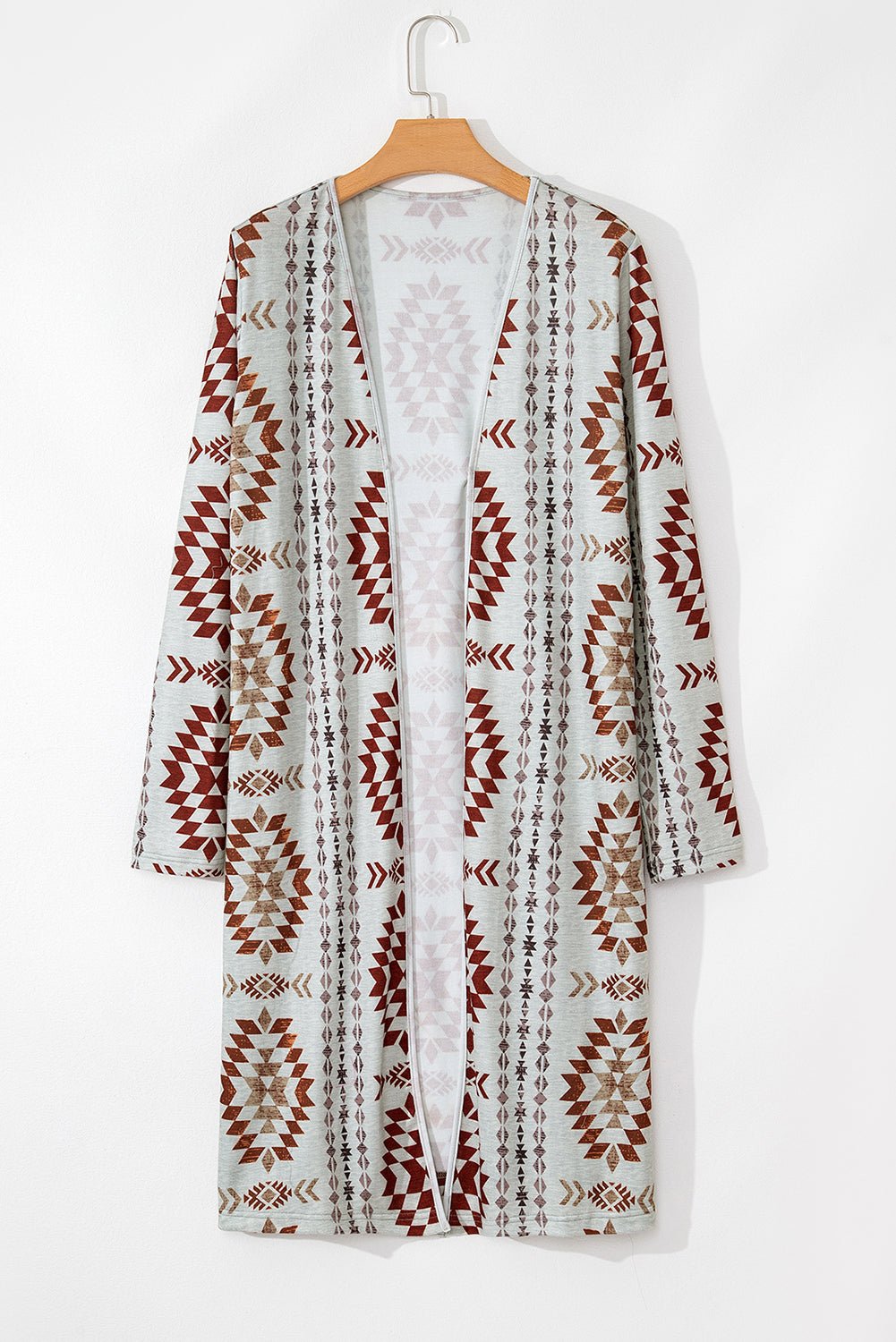Brown Western Aztec Printed Open Front Long Cardigan - Crowned Energy CO.